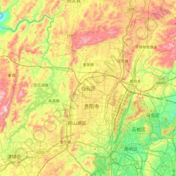 Topografische Karte 白云区, Höhe, Relief