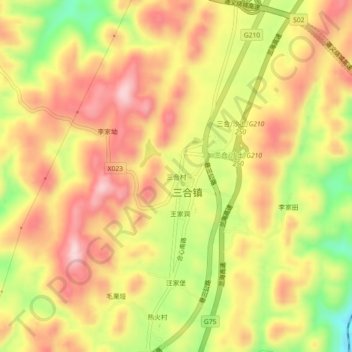 Topografische Karte 三合村, Höhe, Relief