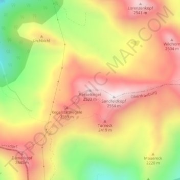 Topografische Karte Kesselkogel, Höhe, Relief