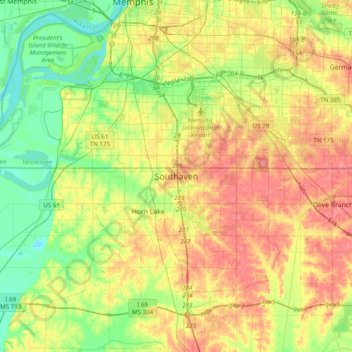 Topografische Karte Southaven, Höhe, Relief
