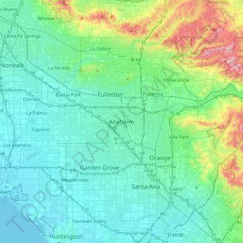 Topografische Karte Anaheim, Höhe, Relief