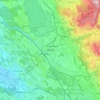 Topografische Karte Wetzikon, Höhe, Relief