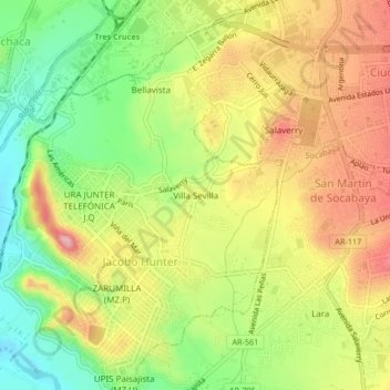 Topografische Karte Villa Sevilla, Höhe, Relief