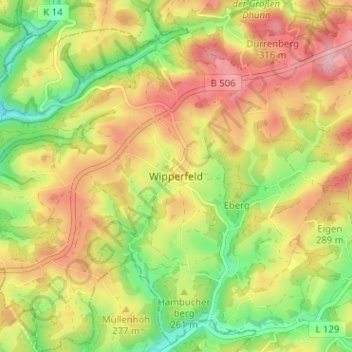 Topografische Karte Wipperfeld, Höhe, Relief