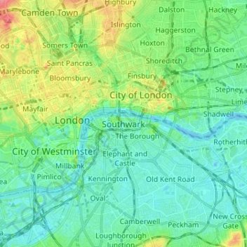 Topografische Karte Southwark, Höhe, Relief