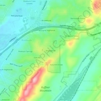 Topografische Karte Shadywood, Höhe, Relief