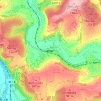 Topografische Karte Stetten, Höhe, Relief