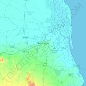 Topografische Karte Bhavnagar, Höhe, Relief