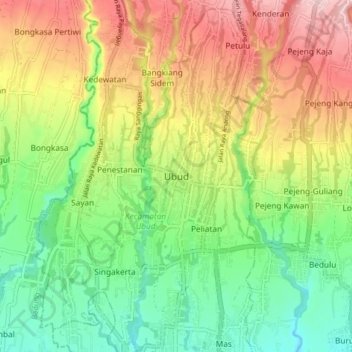 Topografische Karte Ubud, Höhe, Relief