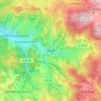 Topografische Karte Trösel, Höhe, Relief