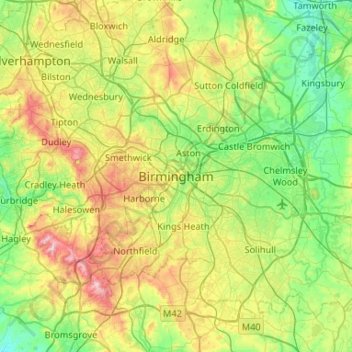 Topografische Karte Birmingham, Höhe, Relief