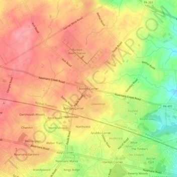 Topografische Karte Booths Corner, Höhe, Relief