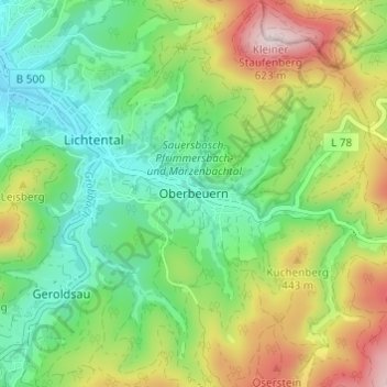Topografische Karte Oberbeuern, Höhe, Relief