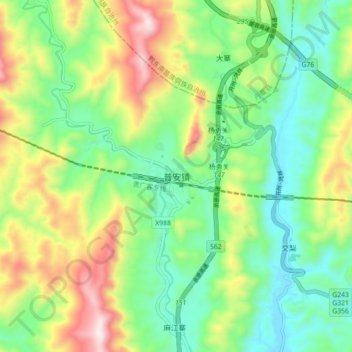 Topografische Karte 普安镇, Höhe, Relief