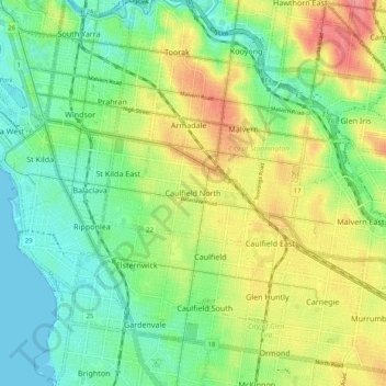 Topografische Karte Caulfield North, Höhe, Relief