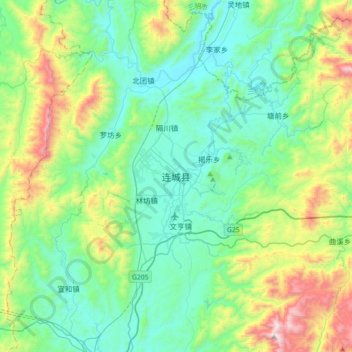 Topografische Karte 连城县, Höhe, Relief