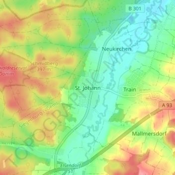 Topografische Karte St. Johann, Höhe, Relief