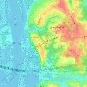 Topografische Karte Bridgehead, Höhe, Relief