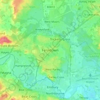 Topografische Karte Ferndown, Höhe, Relief