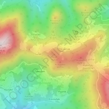 Topografische Karte Hrib, Höhe, Relief