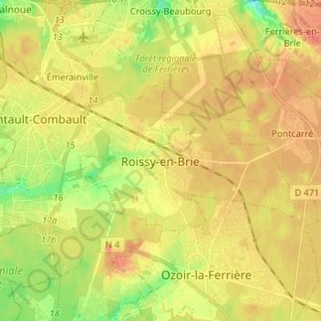 Topografische Karte Roissy-en-Brie, Höhe, Relief