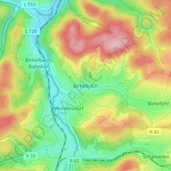 Topografische Karte Birkelbach, Höhe, Relief