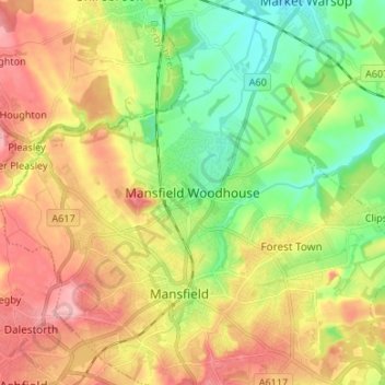 Topografische Karte Mansfield Woodhouse, Höhe, Relief