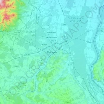 Topografische Karte Mulhouse, Höhe, Relief