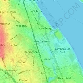 Topografische Karte Port Sunlight, Höhe, Relief