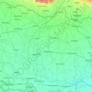 Topografische Karte Saharsa, Höhe, Relief