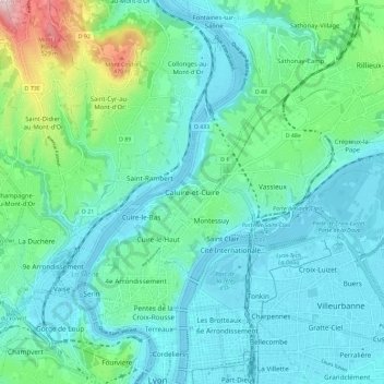 Topografische Karte Caluire-et-Cuire, Höhe, Relief