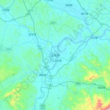Topografische Karte 五华县, Höhe, Relief