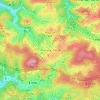 Topografische Karte Thieringhausen, Höhe, Relief