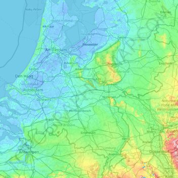 Topografische Karte Betuwe, Höhe, Relief