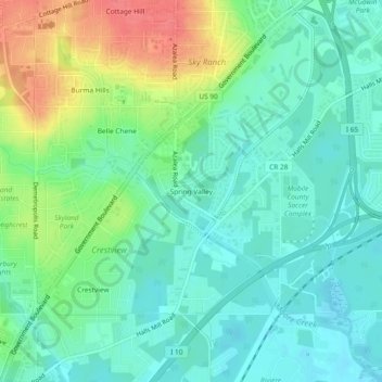 Topografische Karte Spring Valley, Höhe, Relief