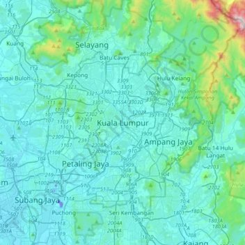 Topografische Karte Kuala Lumpur, Höhe, Relief