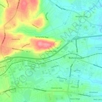 Topografische Karte Chestnut Ridge, Höhe, Relief