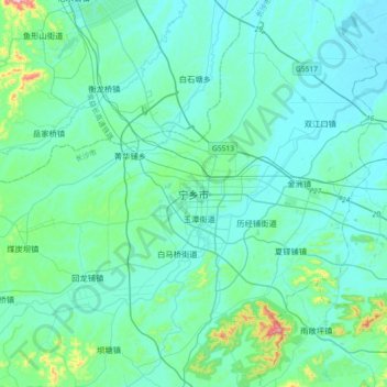 Topografische Karte 宁乡市, Höhe, Relief