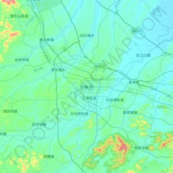 Topografische Karte 宁乡市, Höhe, Relief