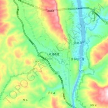 Topografische Karte 双塘街道, Höhe, Relief