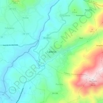 Topografische Karte Caldelas, Höhe, Relief