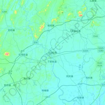 Topografische Karte 化州市, Höhe, Relief
