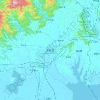 Topografische Karte 黄梅县, Höhe, Relief