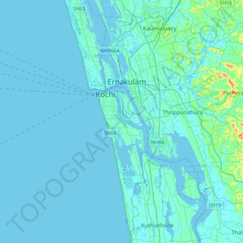 Topografische Karte Kochi, Höhe, Relief