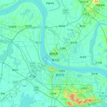 Topografische Karte 黄冈市, Höhe, Relief