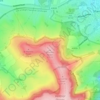 Topografische Karte Shanklin Down, Höhe, Relief