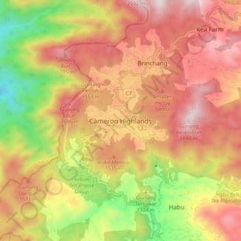Topografische Karte Cameron Highlands, Höhe, Relief