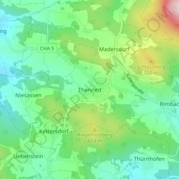 Topografische Karte Thenried, Höhe, Relief