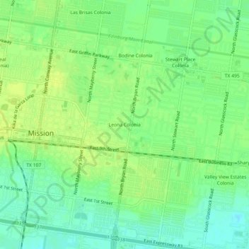 Topografische Karte Leona Colonia, Höhe, Relief
