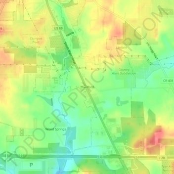 Topografische Karte Thedford, Höhe, Relief